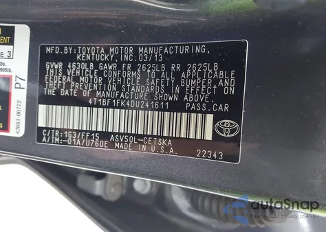 2013 Toyota Camry Se from USA, damaged, VIN 4T1BF1FK4DU241611